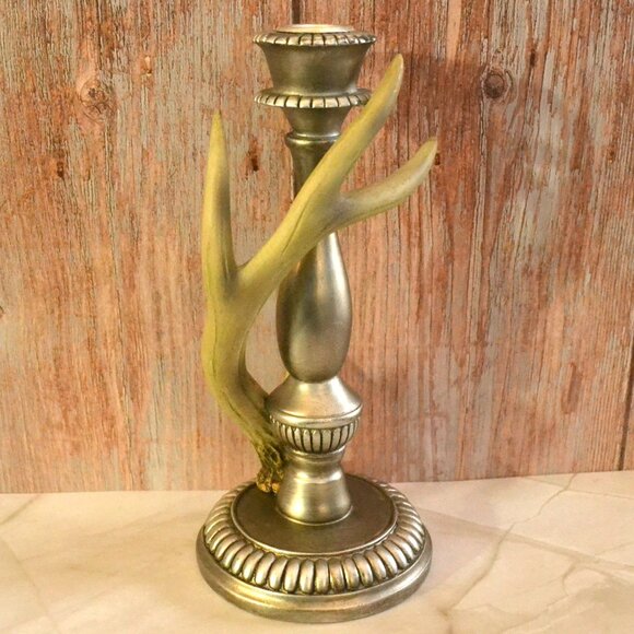 Candleholder Silver Color With Antler Outdoor Theme Decor Or Camp Accent - Picture 1 of 6